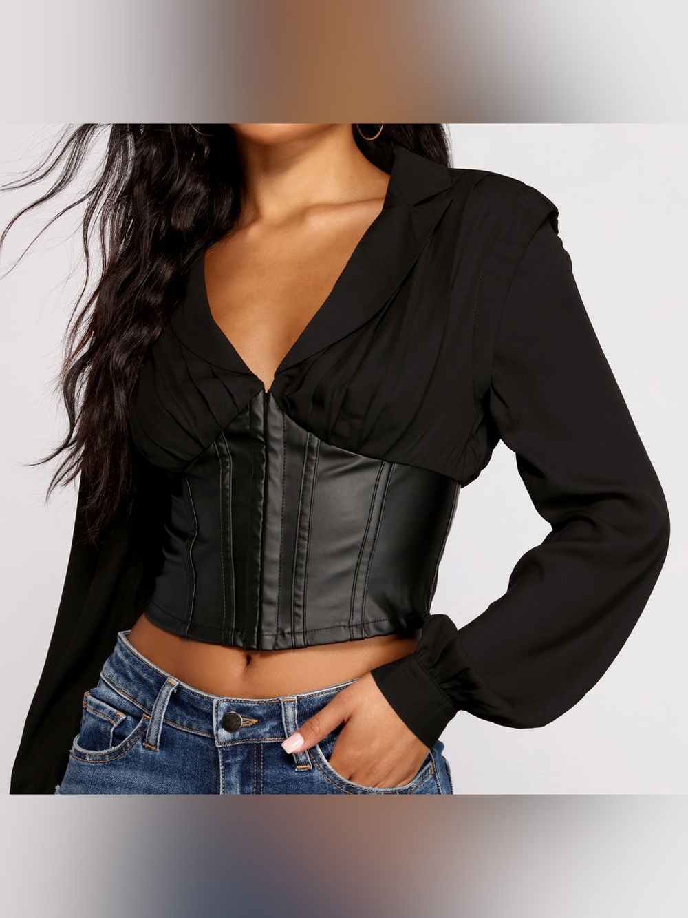 Sexy Sheer Bell Sleeves and Faux Leather Corset Crop Top